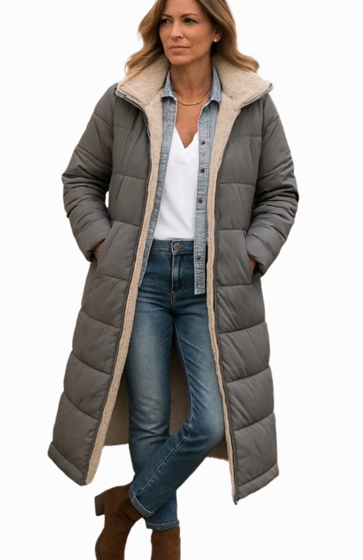 Rosalind long hooded sherpa jacket in gray, front view with hands in pockets