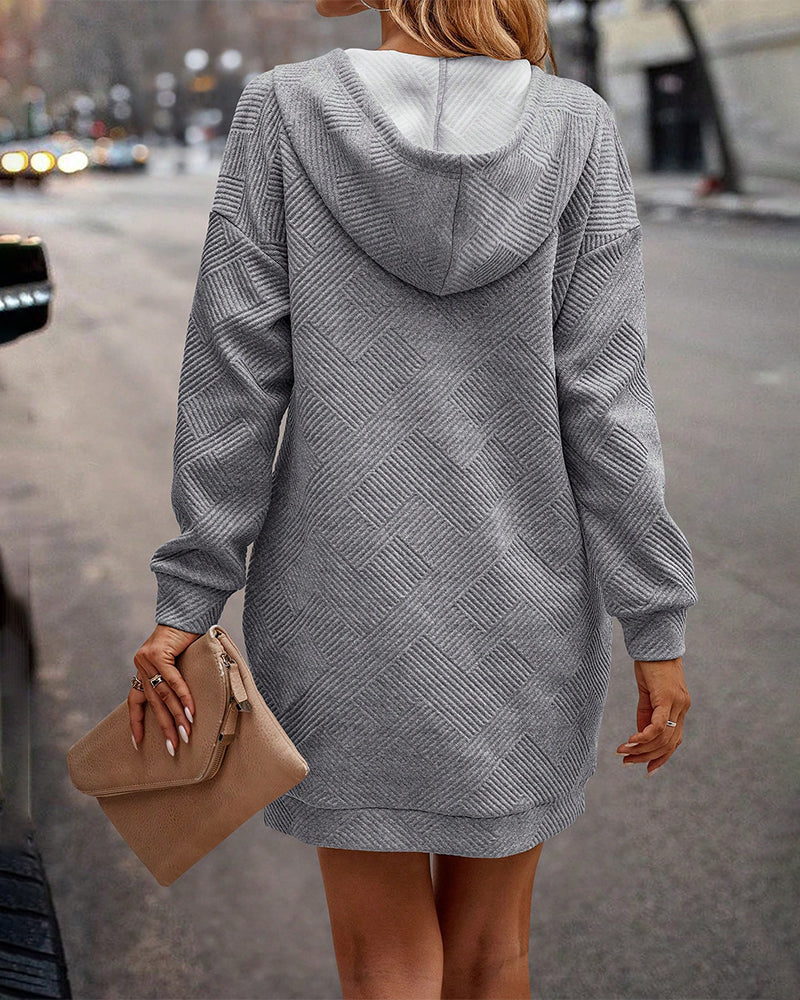 Rosalind hooded winter dress, back view showing hood and knit texture