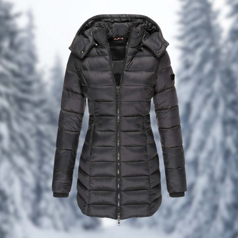 Rosalind hooded puffer coat in black, front view