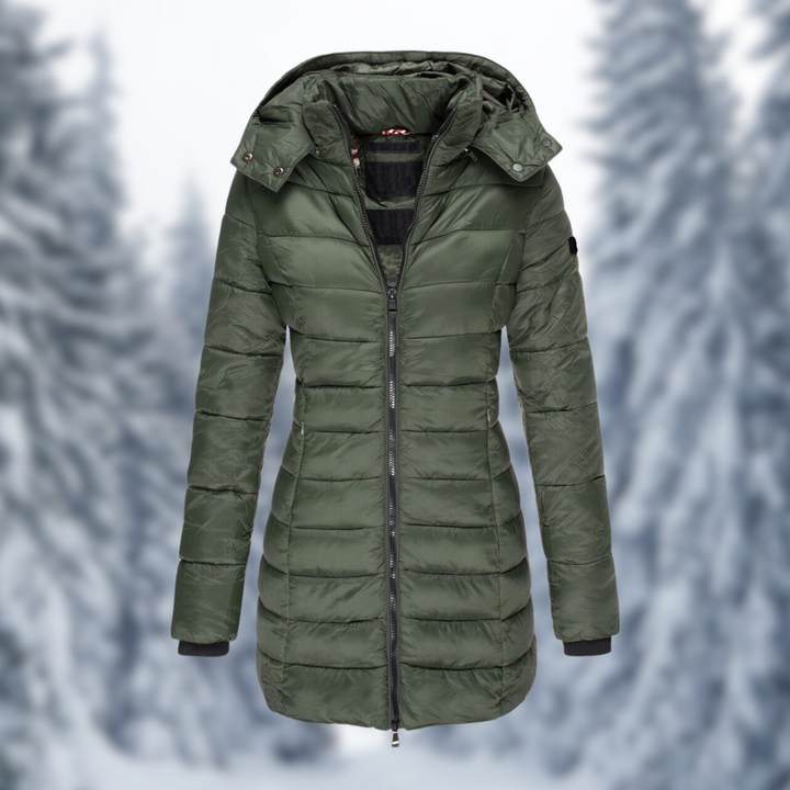 Rosalind hooded puffer coat in olive green, front view