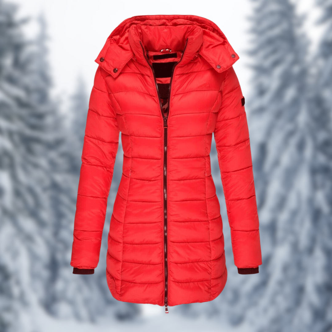 Rosalind hooded puffer coat in red, front view