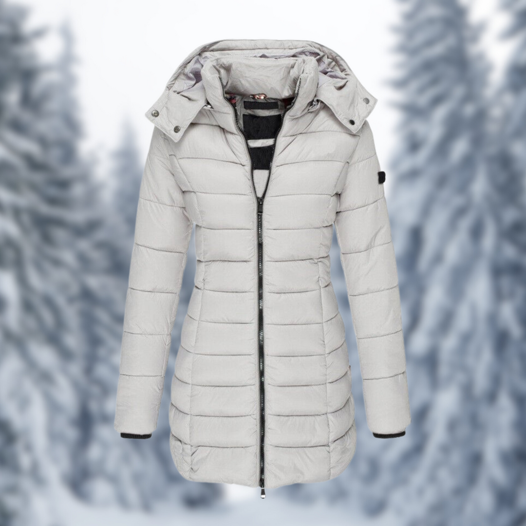 Rosalind hooded puffer coat in red, front view