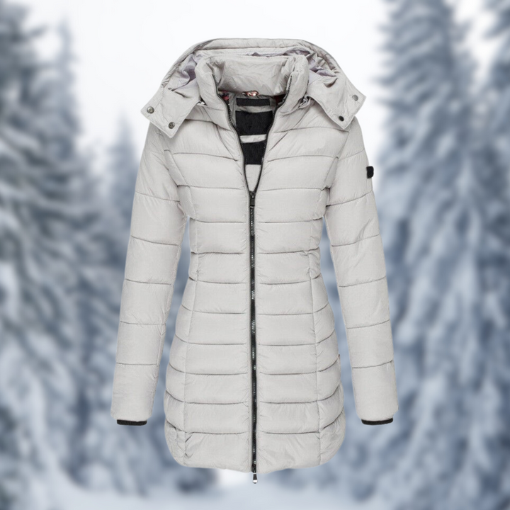 Rosalind hooded puffer coat in red, front view