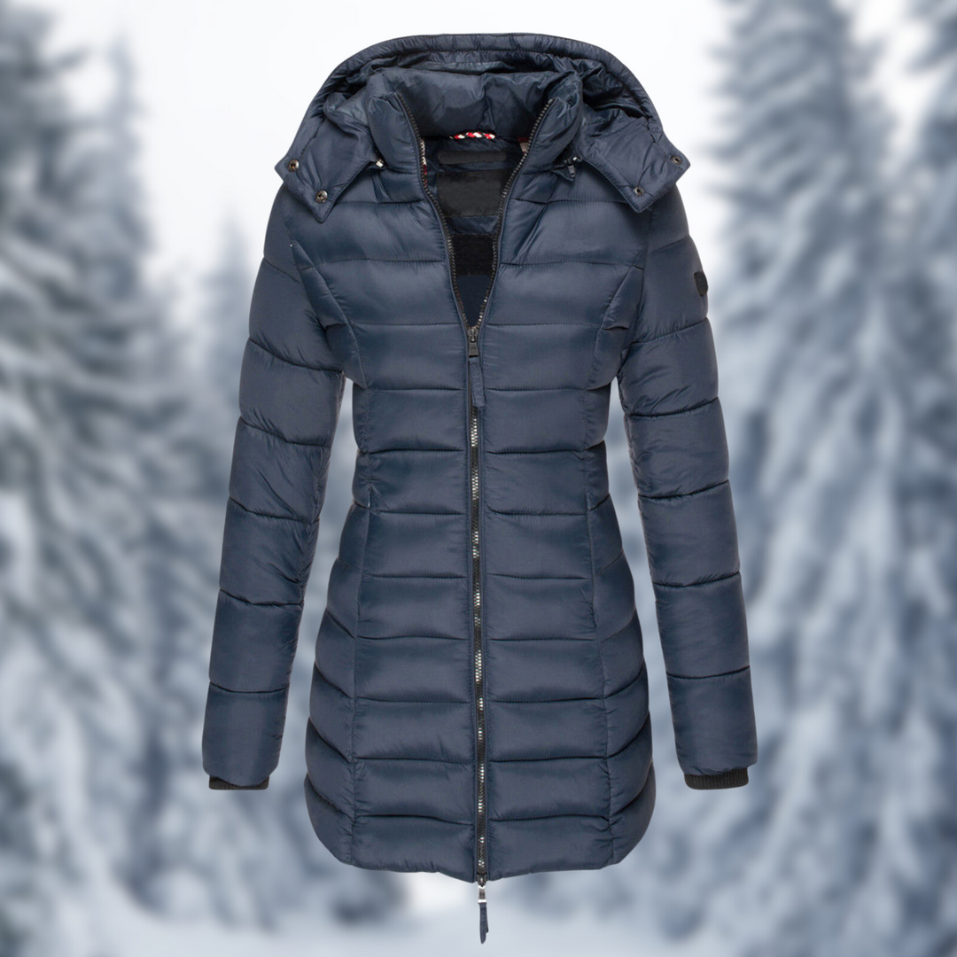 Rosalind hooded puffer coat in red, front view