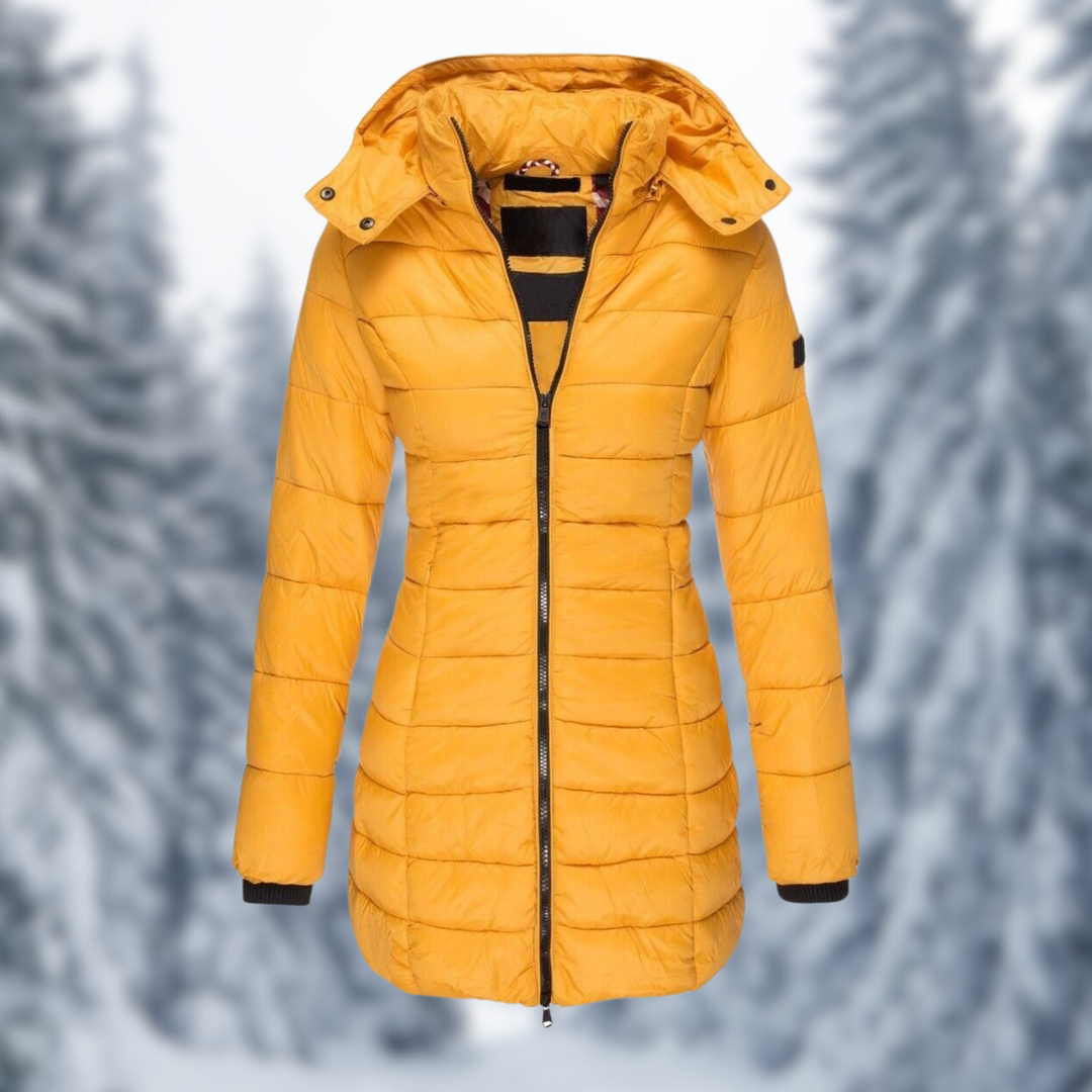 Rosalind hooded puffer coat in red, front view