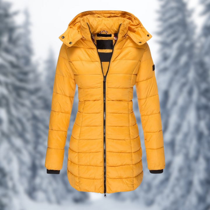 Rosalind hooded puffer coat in red, front view
