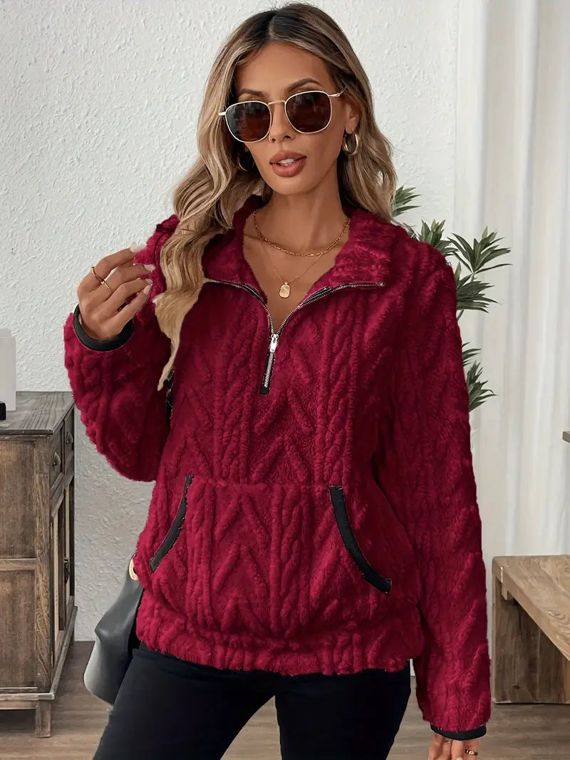 Rosalind cable textured quarter-zip sherpa pullover in dark red, front view with sunglasses