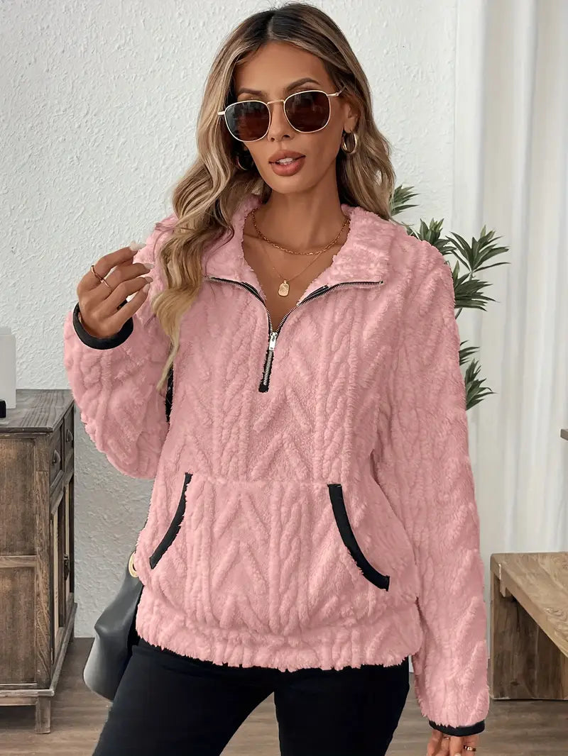 Rosalind cozy fleece quarter-zip pullover in pink, front view