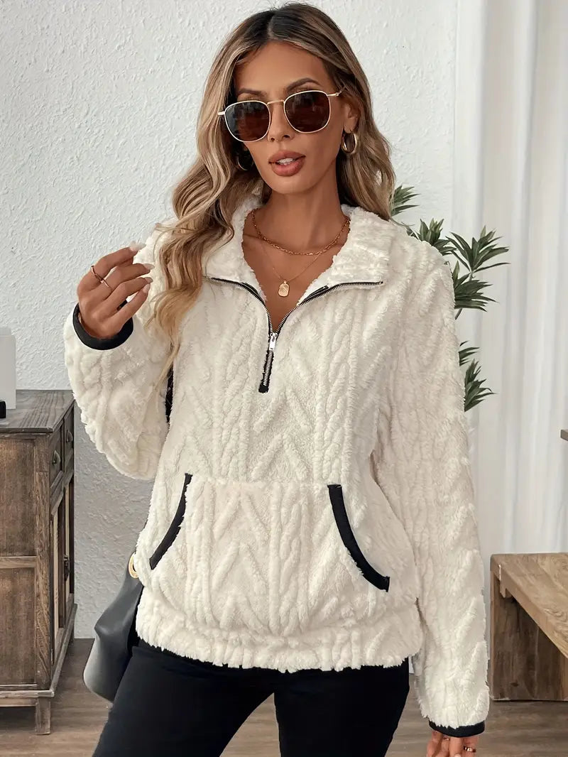 Rosalind cable textured quarter-zip sherpa pullover in white, front view