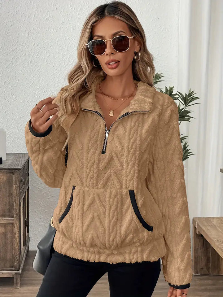 Rosalind cozy fleece quarter-zip pullover in khaki, front view