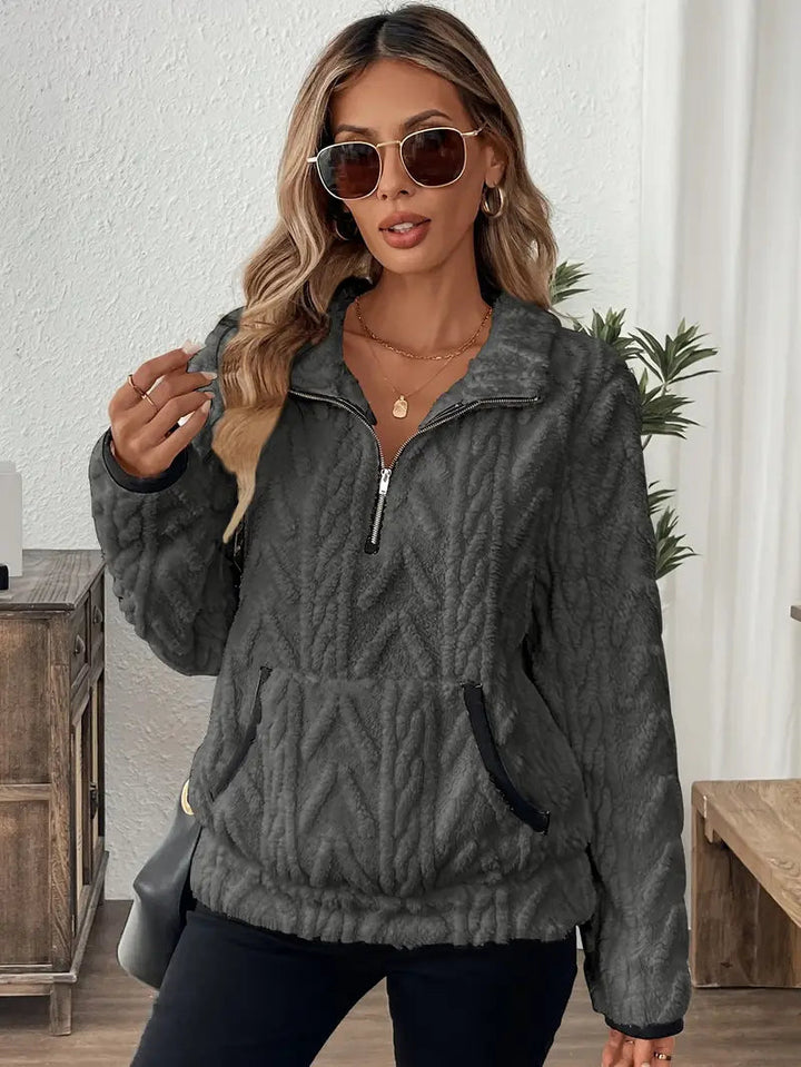 Rosalind cozy fleece quarter-zip pullover in dark gray, front view