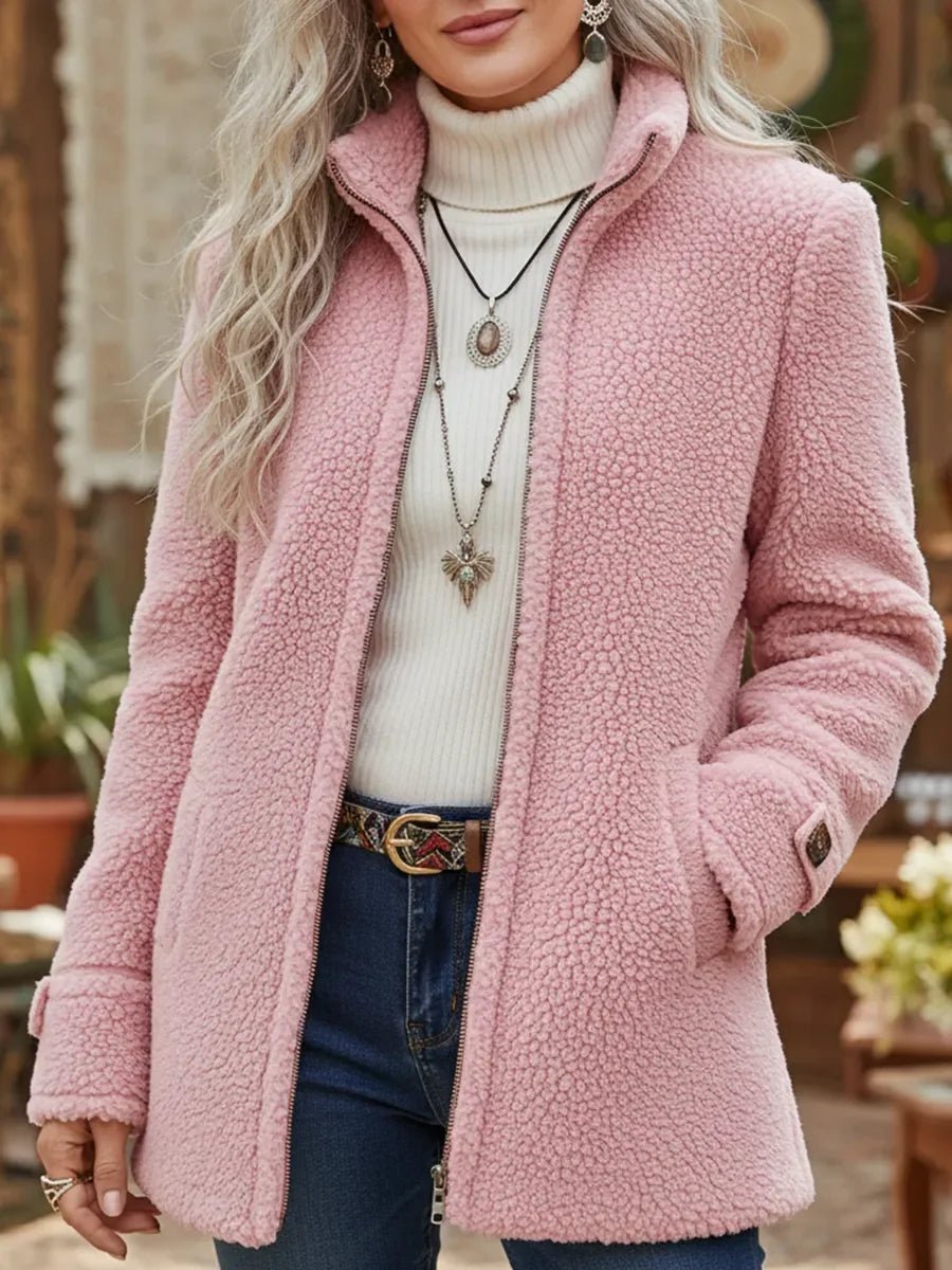Rosalind pink sherpa zip-up jacket with stand collar, front view