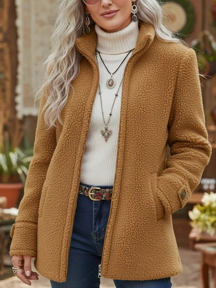 Rosalind camel sherpa zip-up jacket with stand collar, front view