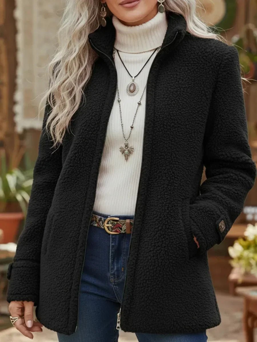 Rosalind black sherpa zip-up jacket with stand collar, front view