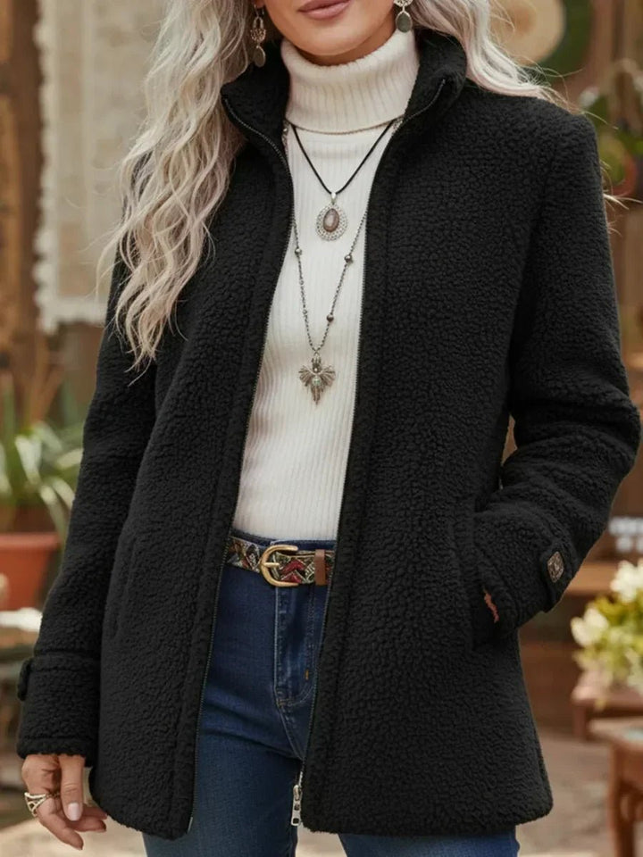 Rosalind black sherpa zip-up jacket with stand collar, front view