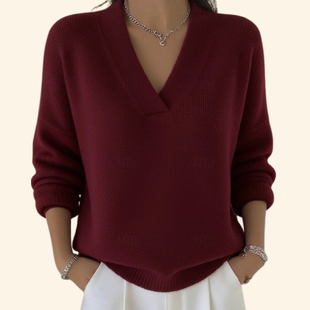 Rosalind V-neck long sleeve sweater in deep red, front view