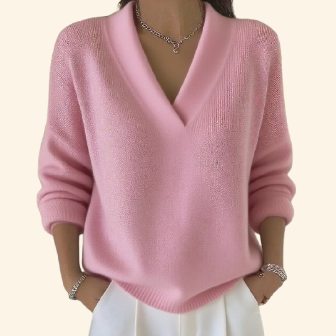 Rosalind V-neck long sleeve sweater in pink, front view