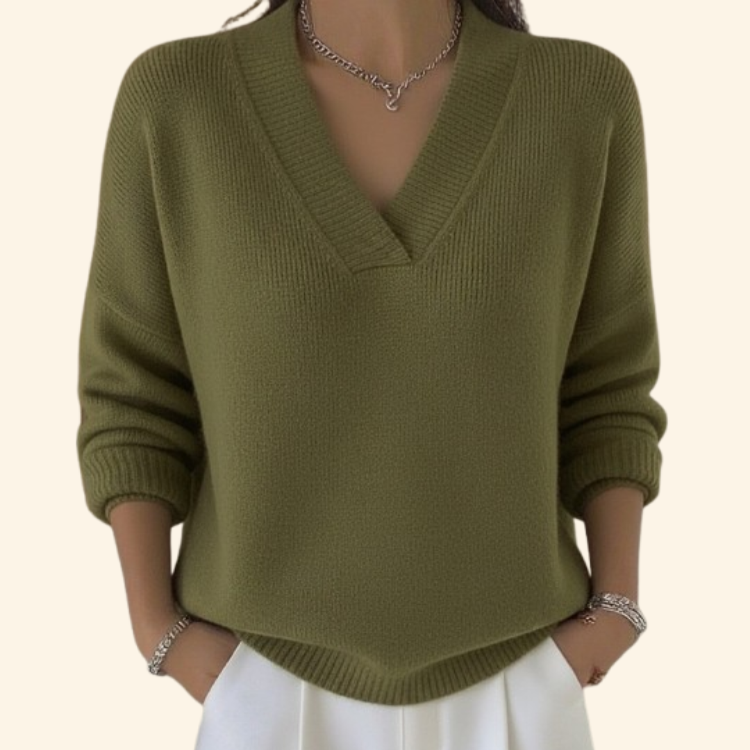 Rosalind V-neck long sleeve sweater in olive green, front view