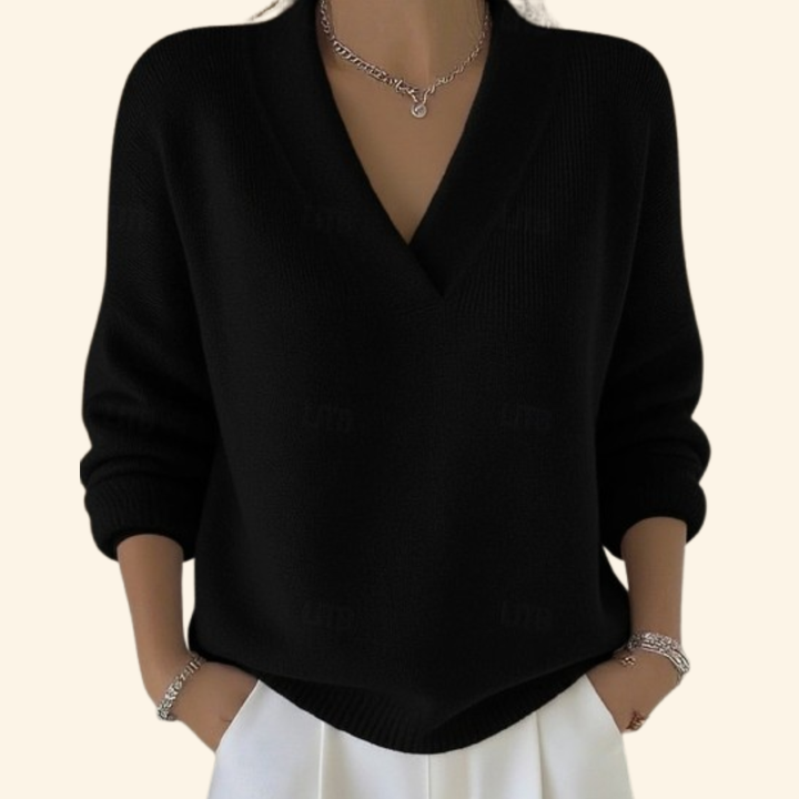 Rosalind V-neck long sleeve sweater in black, front view