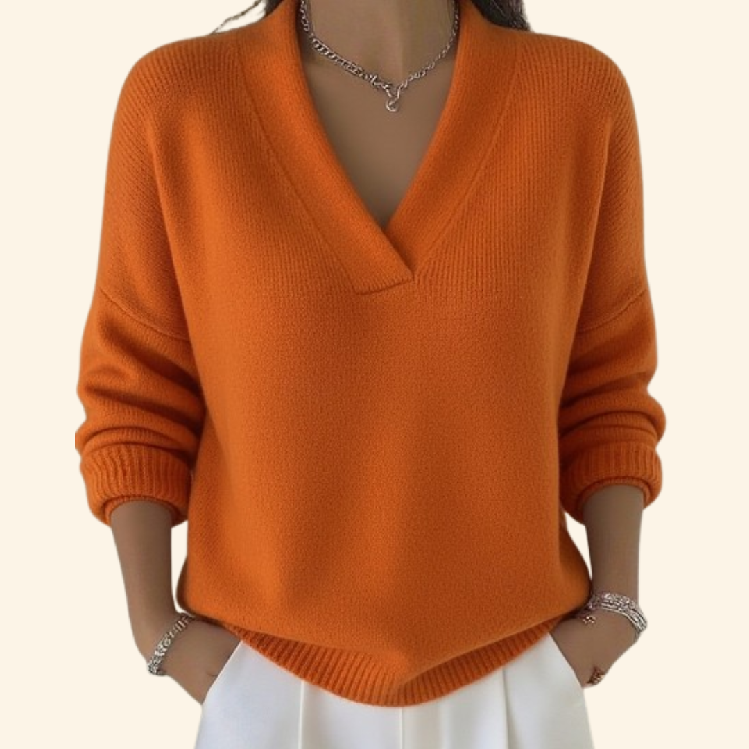 Rosalind V-neck long sleeve sweater in orange, front view