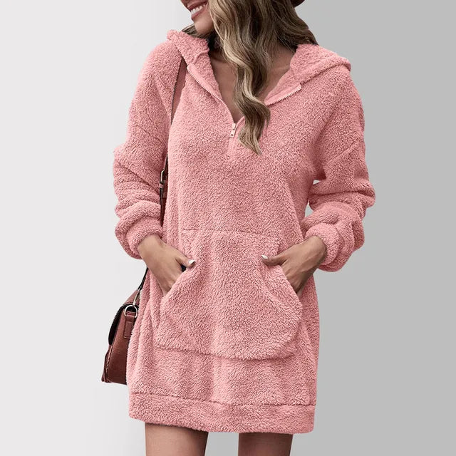 Rosalind pink hooded sweater mini dress with front pocket, front view