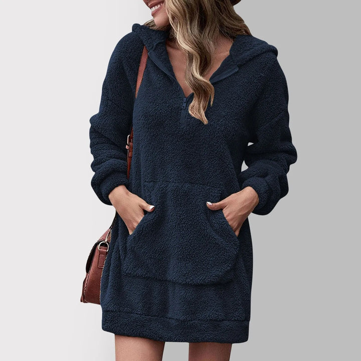 Rosalind dark blue hooded sweater dress with zip neckline, front view