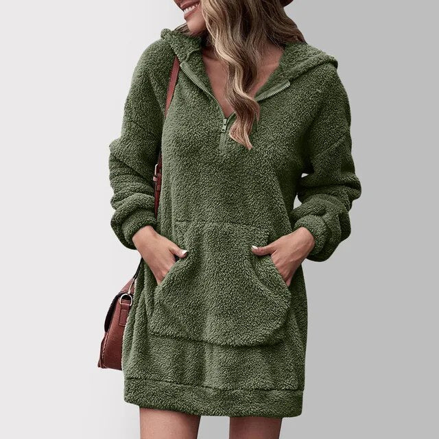 Rosalind dark green hooded sweater dress with kangaroo pocket, front view