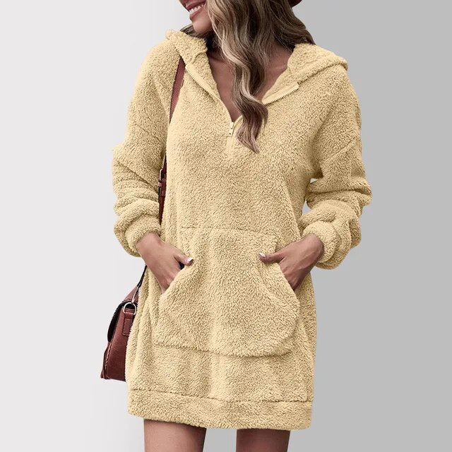 Rosalind khaki hooded sweater dress, front view