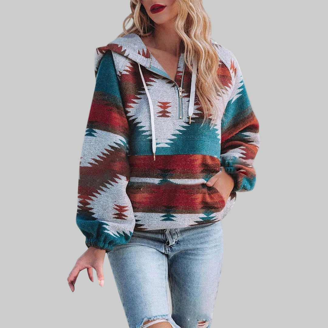 Sabina Aztec print half-zip hooded pullover in teal and rust, front view