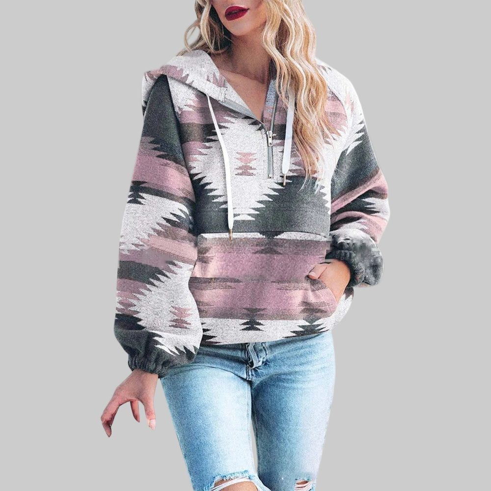 Sabina Aztec print half-zip hooded pullover in pink and gray, front view