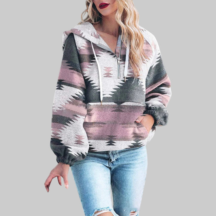 Sabina Aztec print half-zip hooded pullover in pink and gray, front view