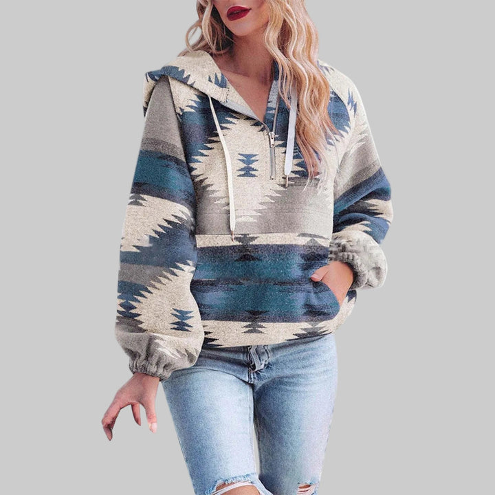 Sabina Aztec print half-zip hooded pullover in blue and cream, front view
