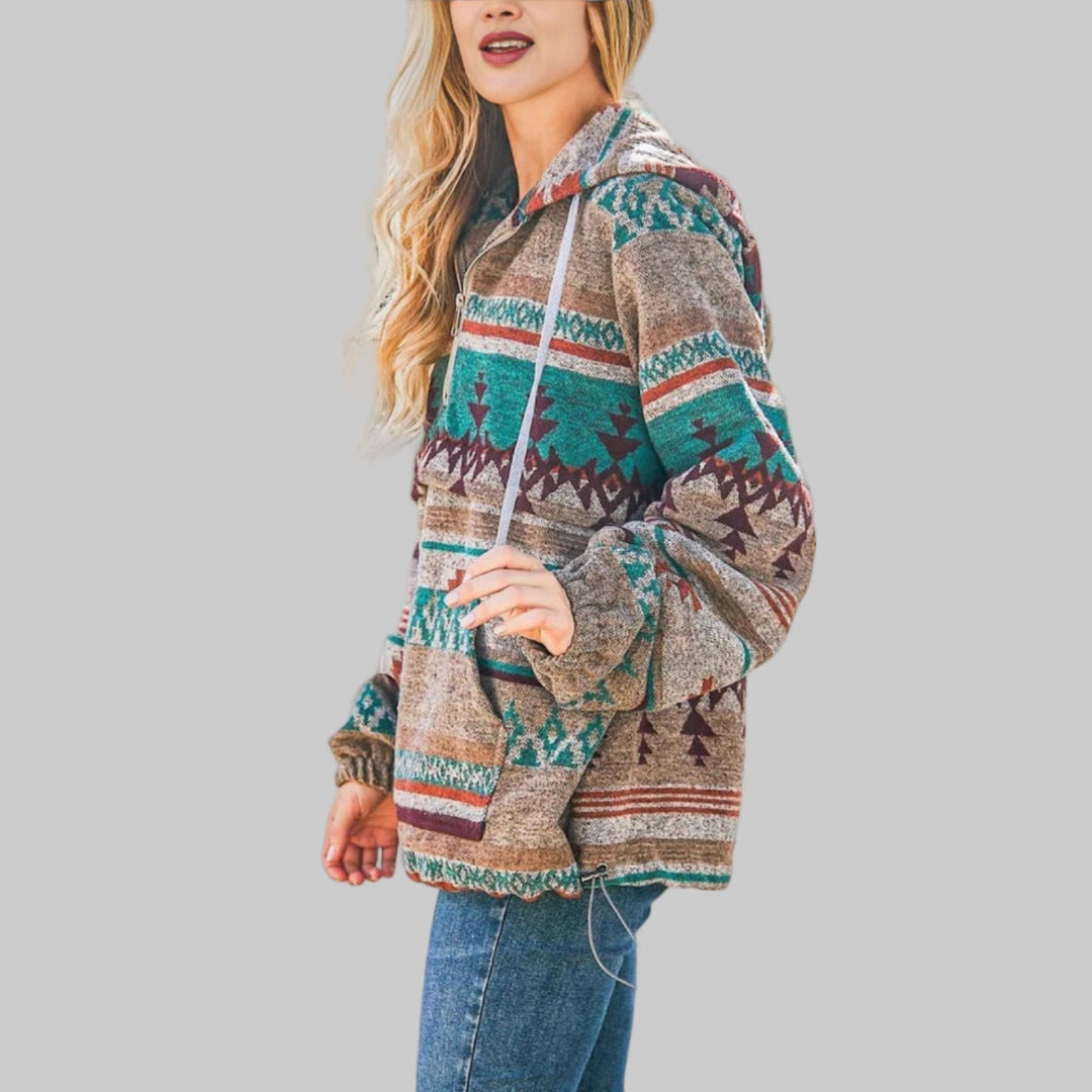 Sabina Aztec print half-zip hooded pullover in teal and brown, side view