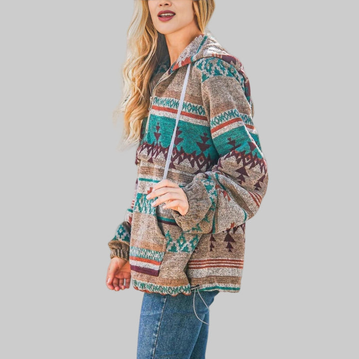 Sabina Aztec print half-zip hooded pullover in teal and brown, side view