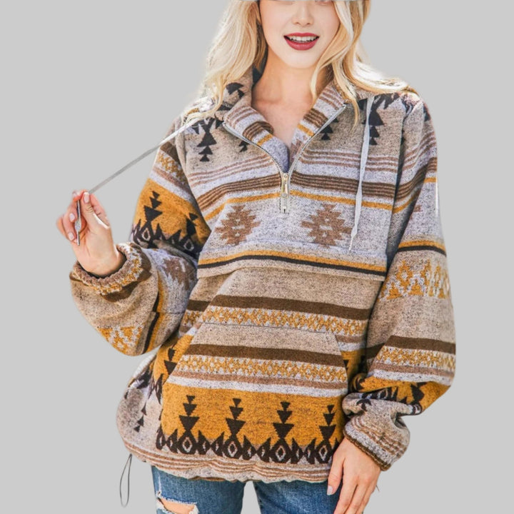 Sabina Aztec print half-zip hooded pullover in mustard and brown, front view