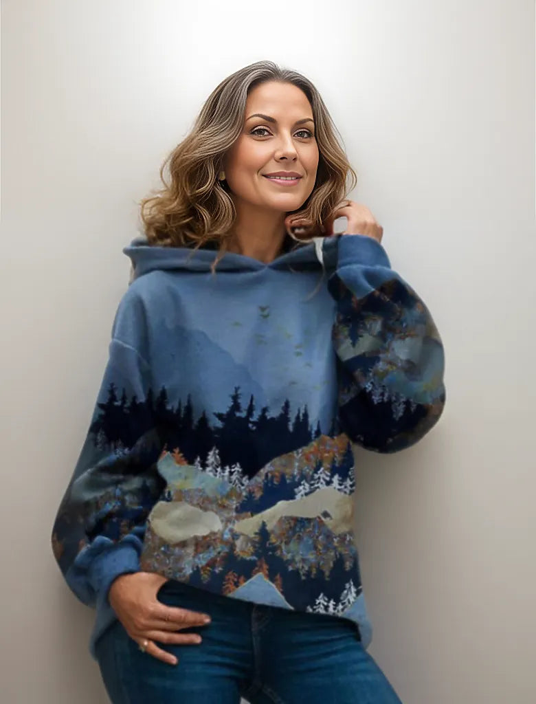 Sabine mountain landscape graphic hoodie, front view on model