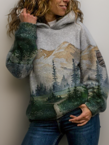 Sabine mountain landscape graphic hoodie in gray colorway, side view