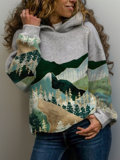 Sabine mountain landscape graphic hoodie in gray colorway, front view