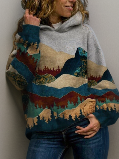 Sabine mountain landscape graphic hoodie in earth tone colorway, front view