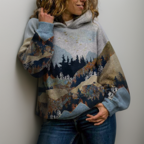 Sabine mountain landscape graphic hoodie in blue colorway, side view