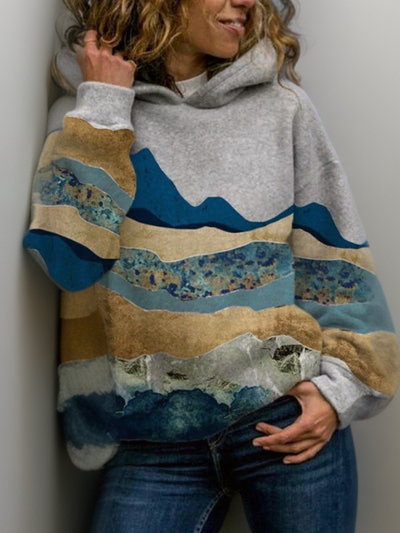 Sabine mountain landscape graphic hoodie in blue colorway, front view