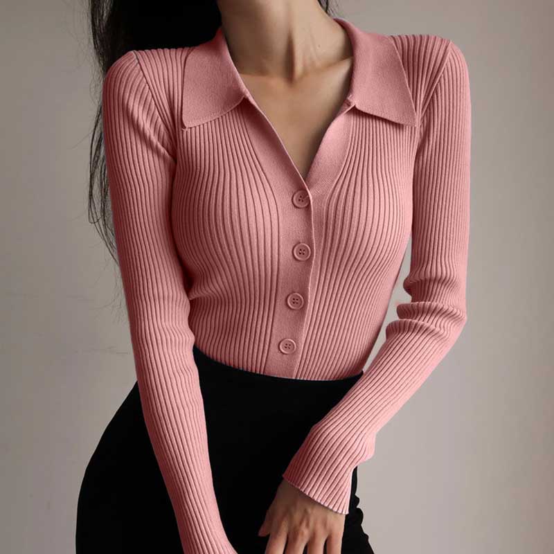 Sabine pink ribbed long sleeve polo sweater, front view