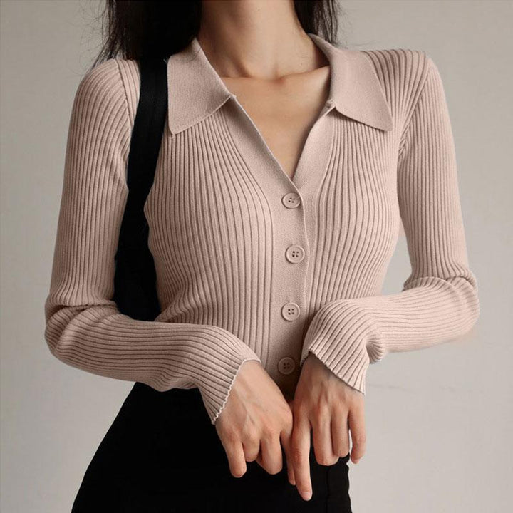 Sabine beige ribbed long sleeve polo sweater, front view