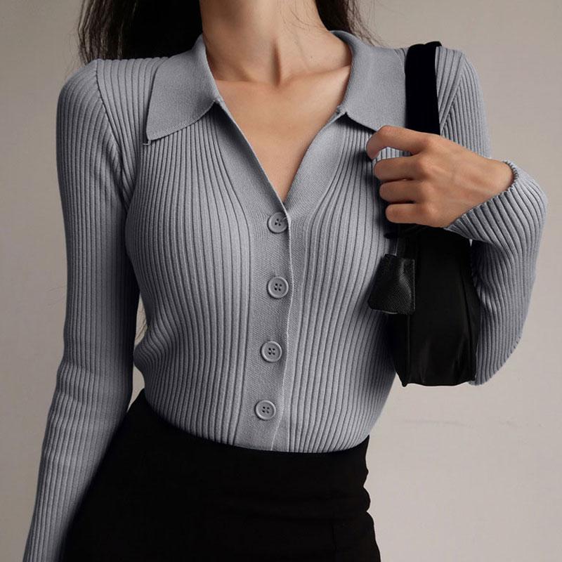 Sabine gray ribbed long sleeve polo sweater, front view