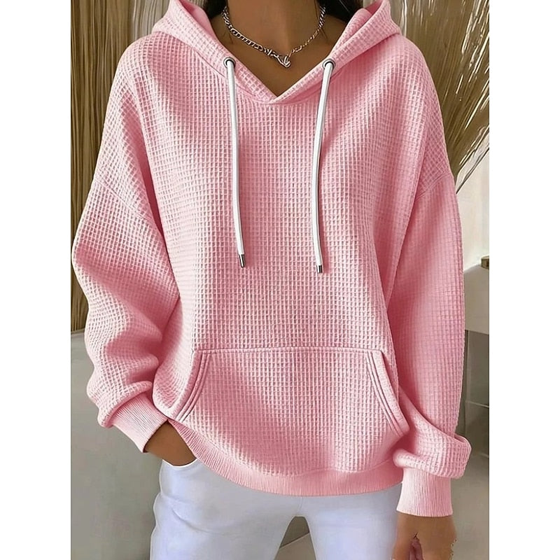 Sabrina textured drawstring hoodie in pink, front view with pouch pocket