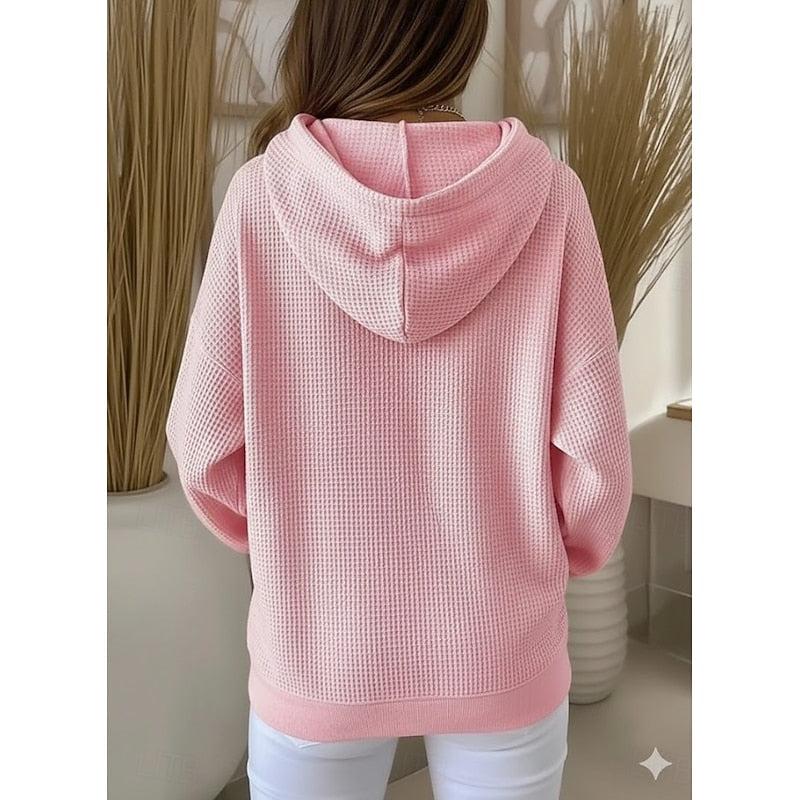 Sabrina textured drawstring hoodie in pink, back view with hood