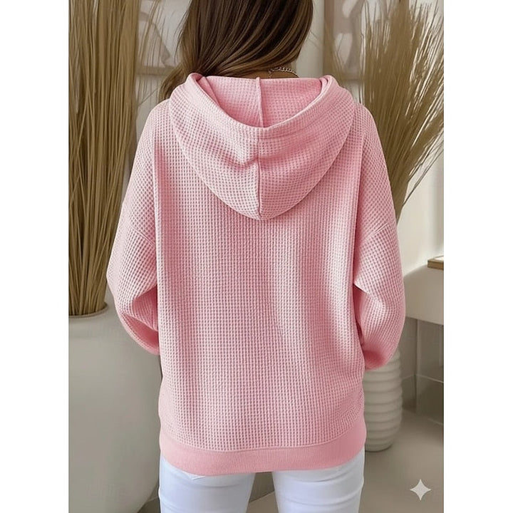 Sabrina textured drawstring hoodie in pink, back view with hood