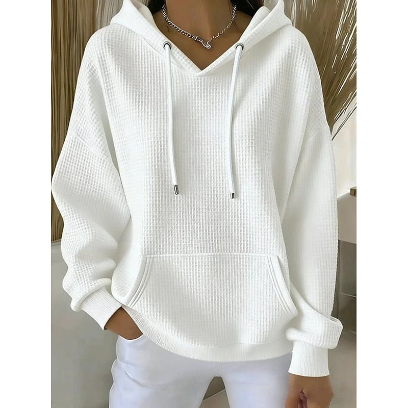 Sabrina textured drawstring hoodie in white, front view