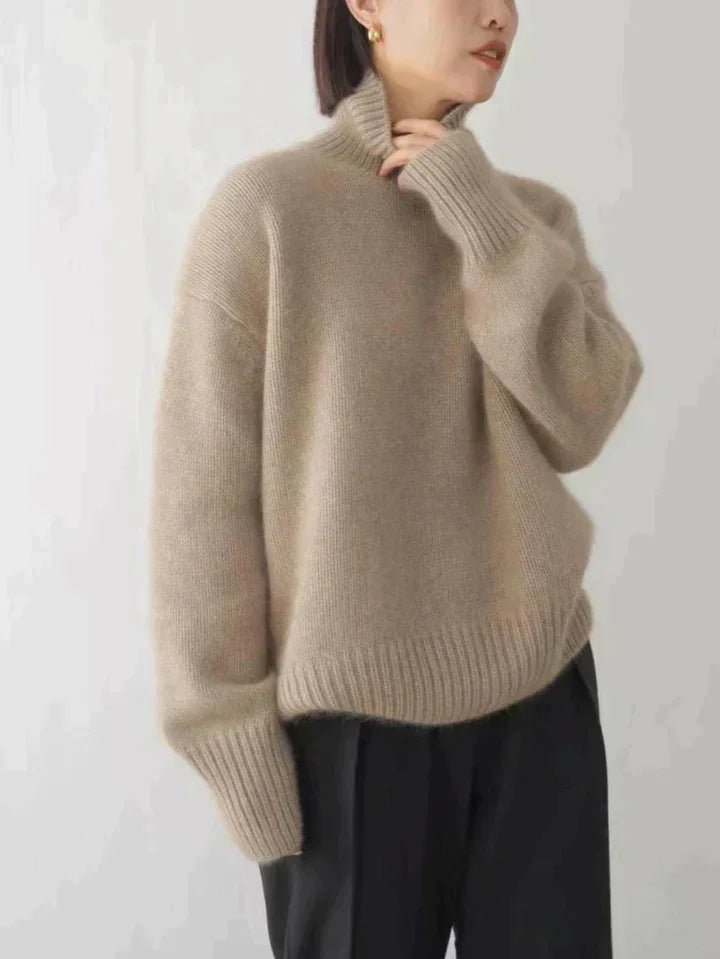 Seraphina oversized taupe turtleneck sweater, side view