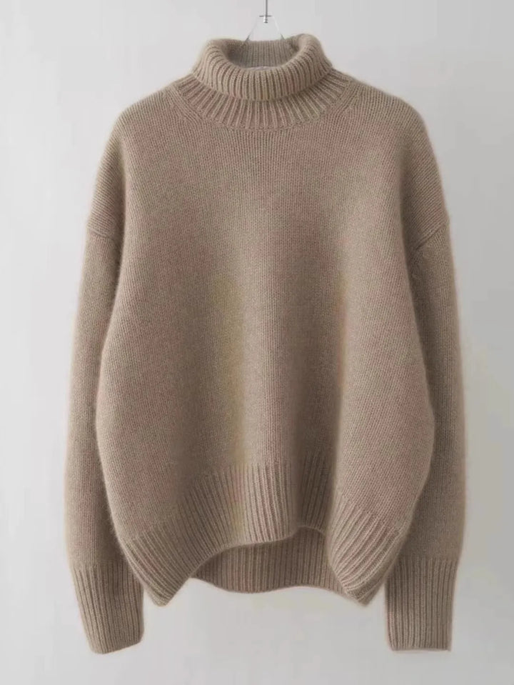 Seraphina oversized taupe turtleneck sweater, flat lay view